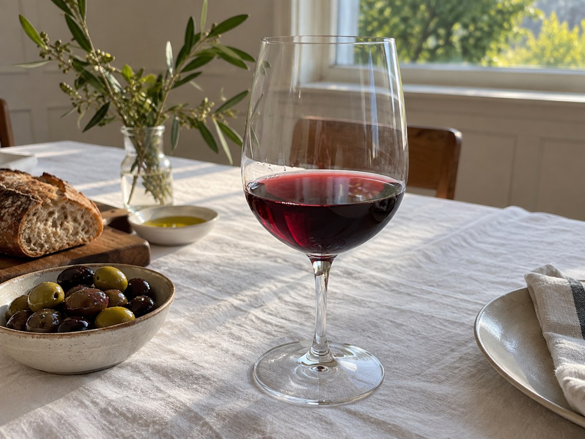 A modest pour of wine and glassware at a table